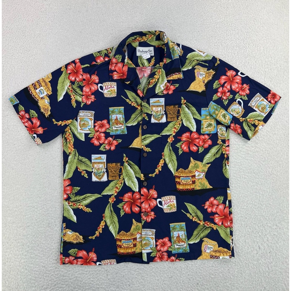 Bishop St. Hawaiian Shirt Mens Medium Blue Floral Coffee Short Sleeve Button Up